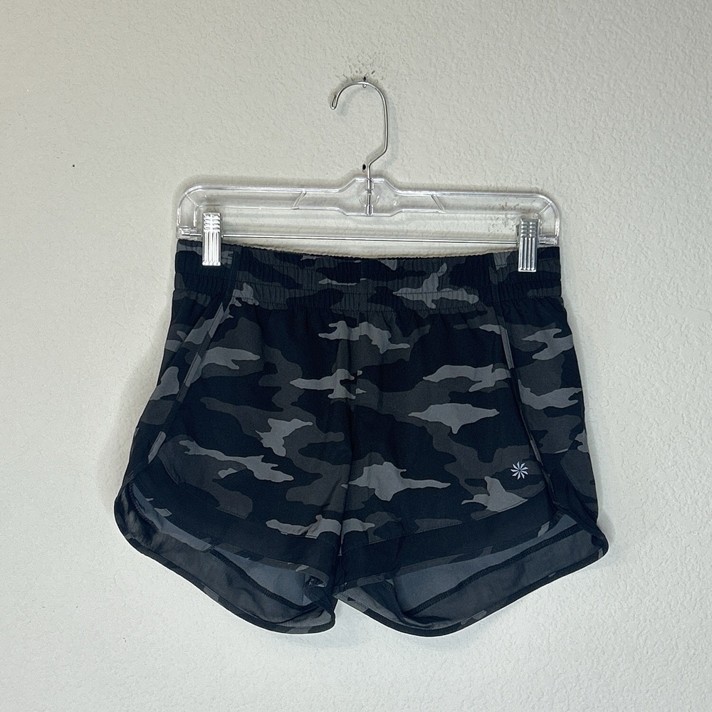 Athleta Printed Mesh Racer Running Shorts Women's Size XS Black Gray Camouflage